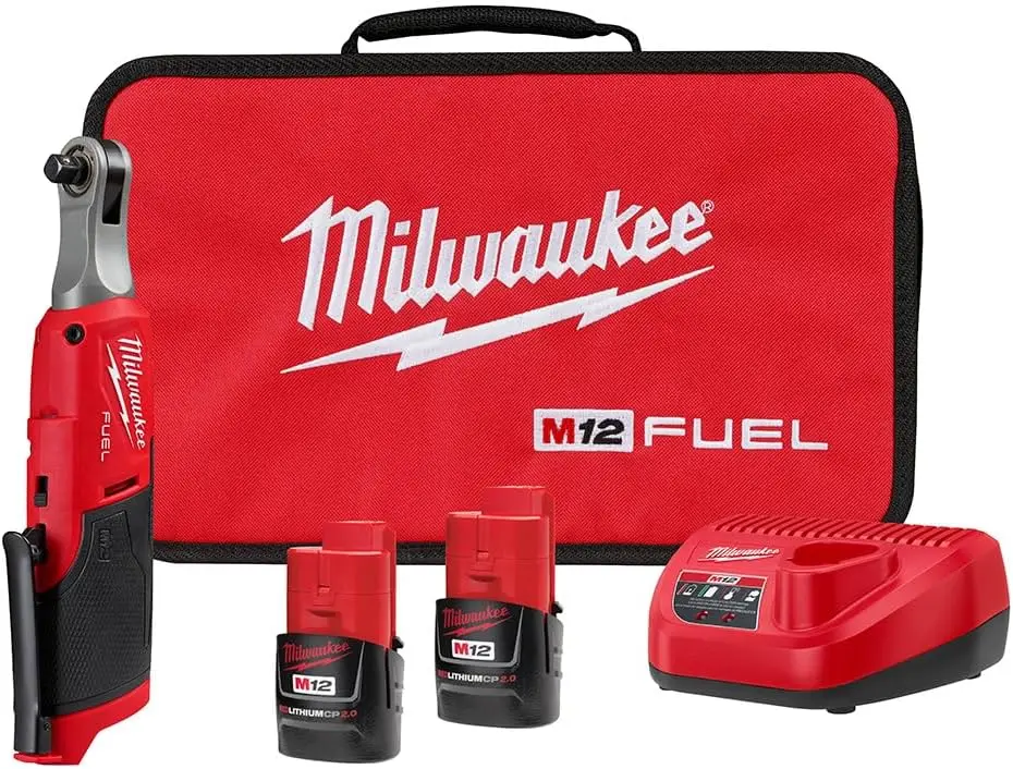 

Milwaukee M12 FUEL 12-Volt Lithium-Ion Brushless Cordless High Speed 3/8 in. Ratchet Kit w/(2) Batteries, Charger and Bag