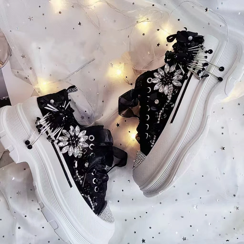 

Hand-made beaded rhinestone sequins fringed pearl canvas shoes Black low top thick sole lace-up sports women's shoes 35-40