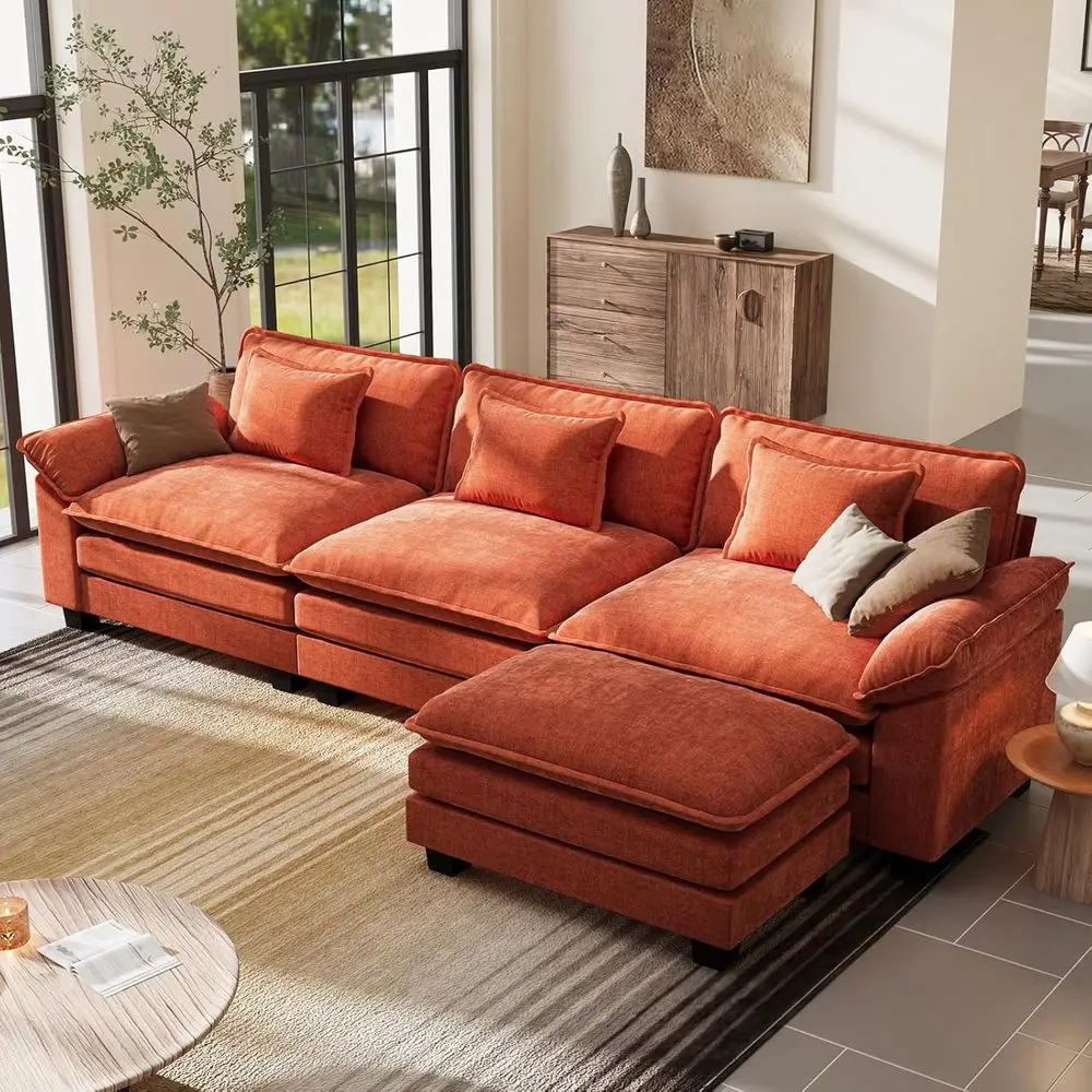

120 L-Shaped Chenille Sectional Sofa with Ottoman, 4-Seat Deep Seating, Suitable for Living or Bedroom, Orange