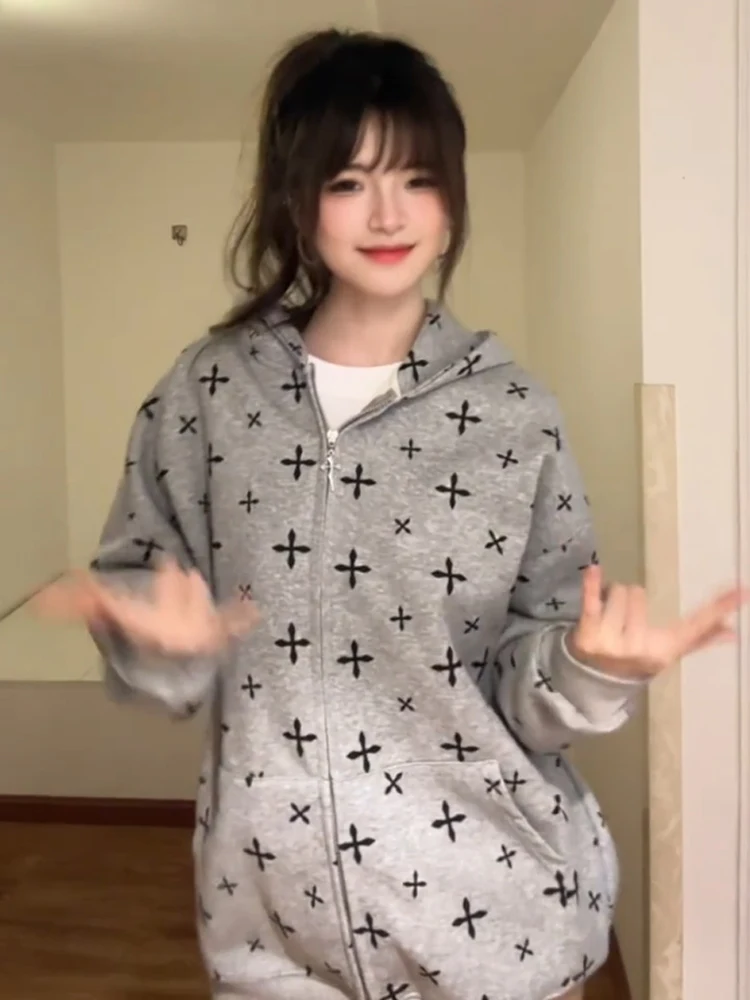 Gothic Cross Print Hoodie Cardigan Women's Spring Autumn 2025 New Couple's Sle American Gothic Trendy Coat Loose Fit Long S...