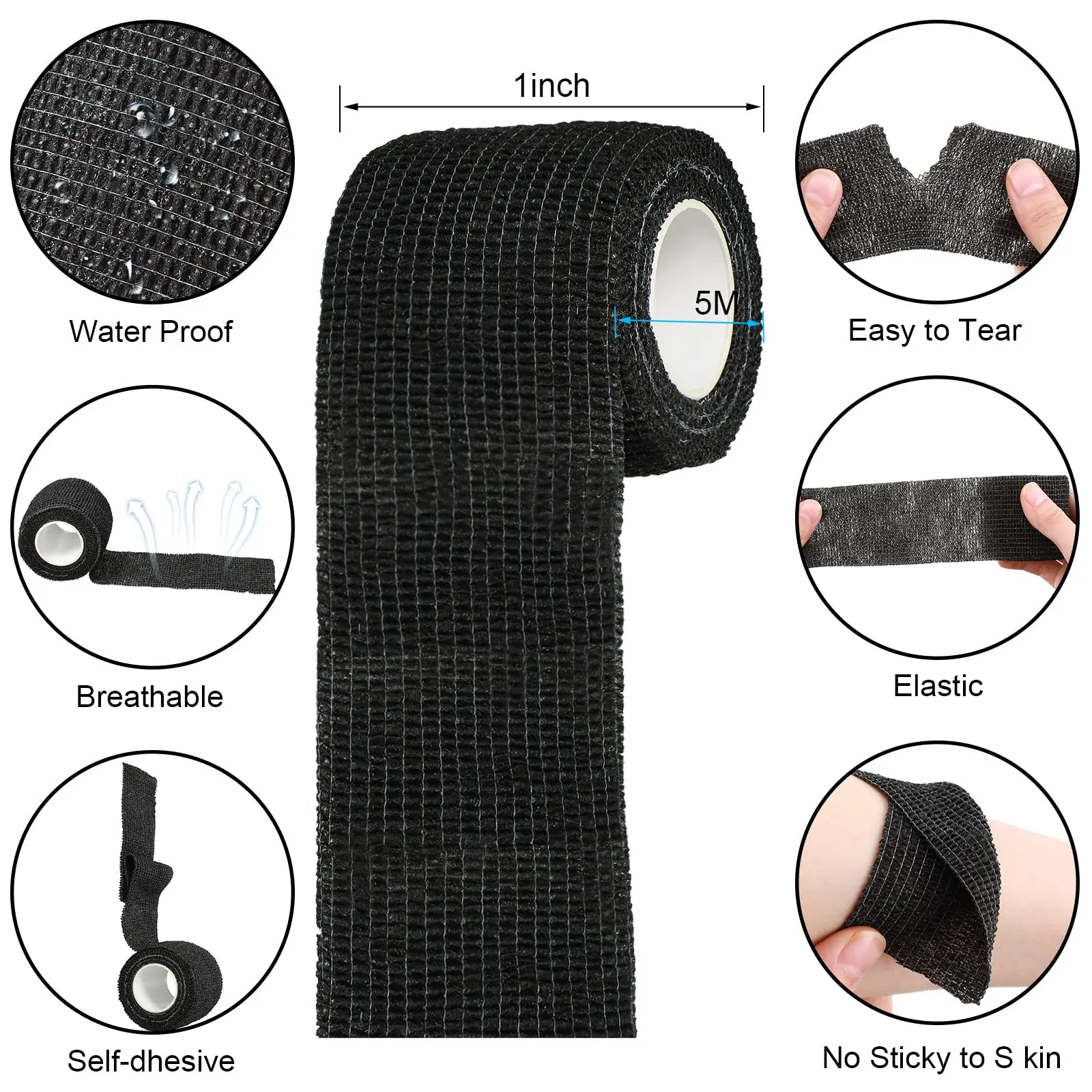 Wholesale Black Tape Tattoo Handle Bandage Anti-slip Athletic Nonwoven Waterproof Disposable Self-adhesive Elastic Bandage