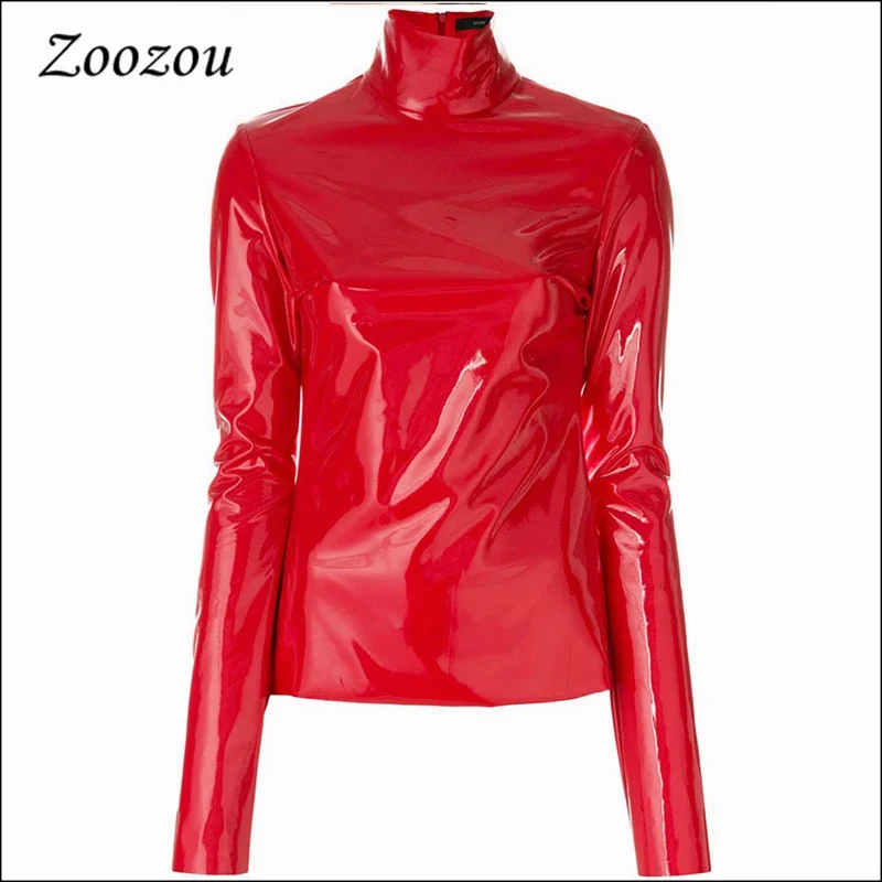 Damen Rotes Glänzendes Hochglanz-Wet-Look PU-Leder Rollkragen-Oberteil Langarm Slim Fit Bodycon Nachtclub Party Y2K Elegante Mode – Detail 3
