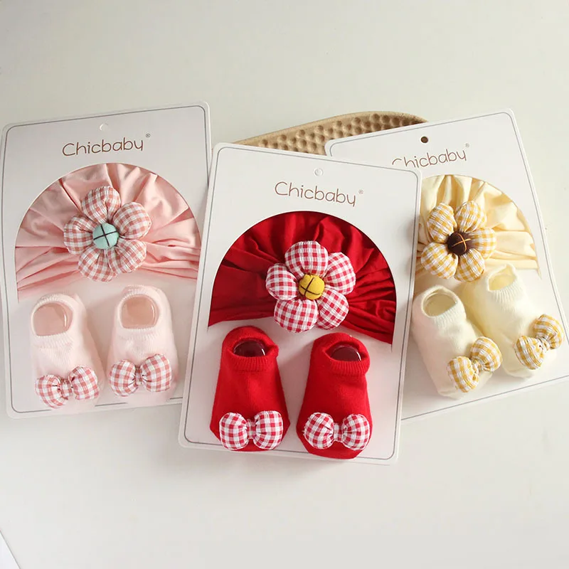 0-12 Months Newborn Baby Small Fresh Flowers Hat Socks Set Spring Autumn Warm Soft Cotton Non-slip Socks Hat Kids Accessories