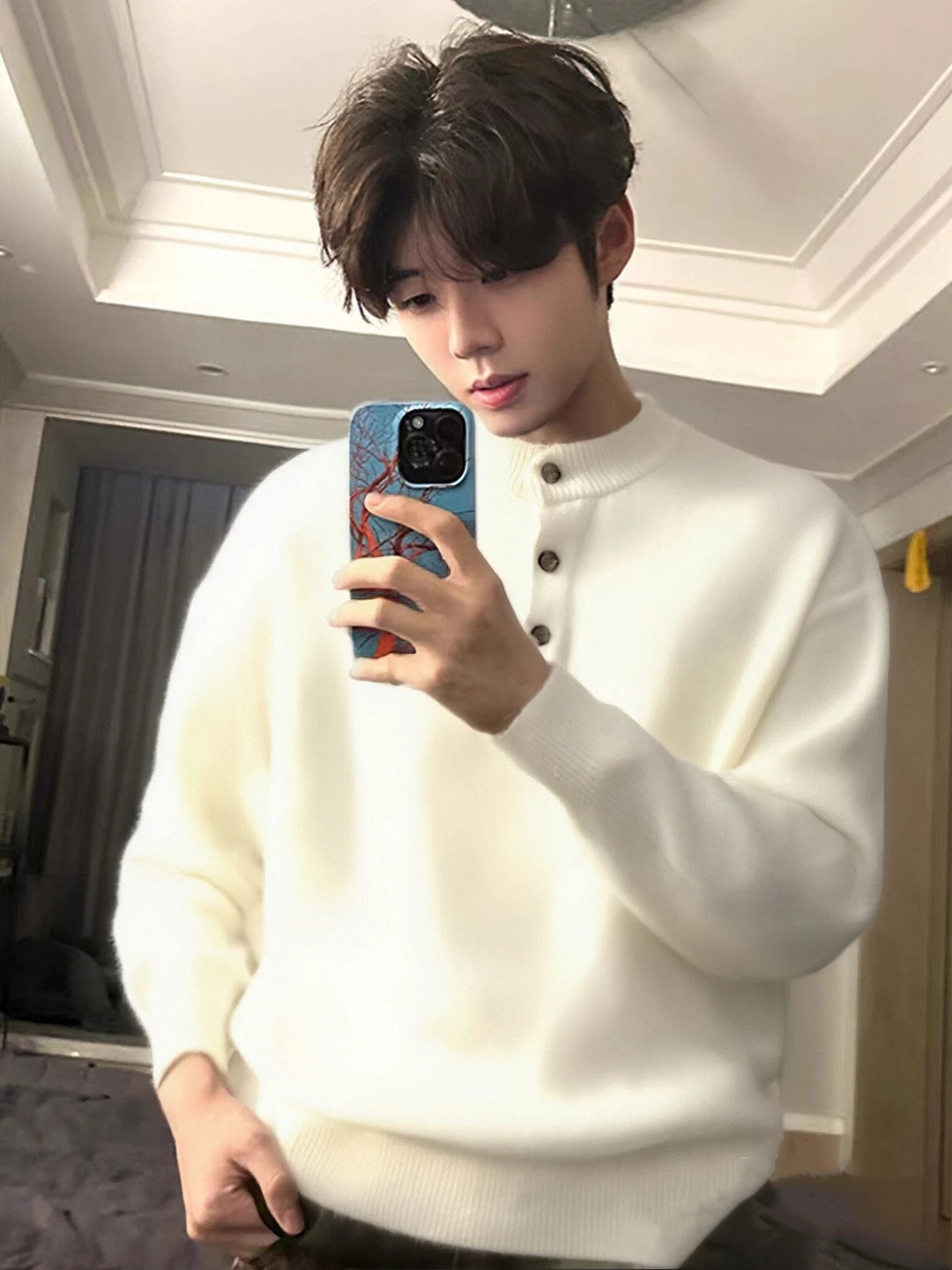 

Cleanfit White Henry Collar Knitwear Men's Inner Wear Lazy Sle Winter Heavy Base Layer irt Loose Fit Comfortable Knitted ...