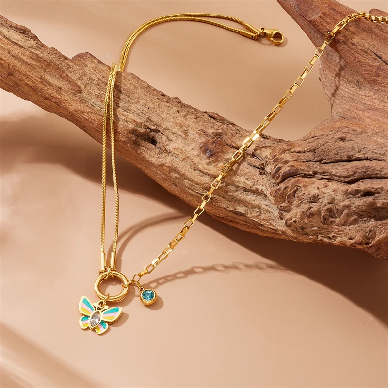 DIEYURO 316L Stainless Steel Colorful Butterfly Splicing Zircon Asymmetric Necklace Earrings Women Trend Non-fading Jewelry Set
