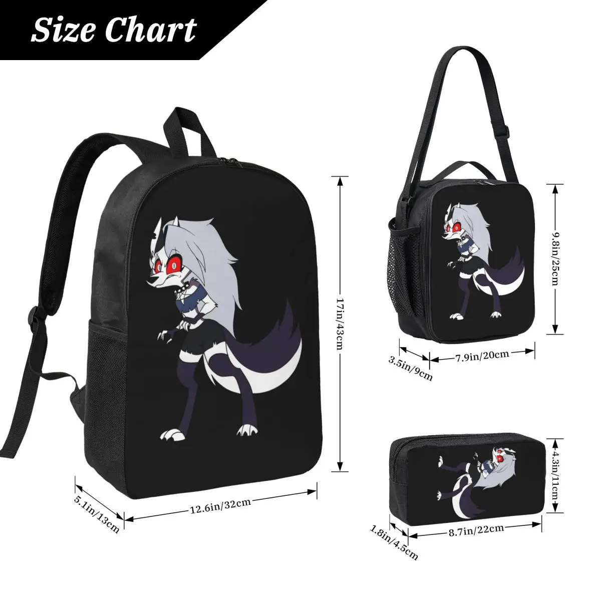 Helluva Boss Loona Backpack Student Boys Girls BookBag School Bag Laptop Shoulder Bags 3ps Insulated Lunch Bag Pencil Case