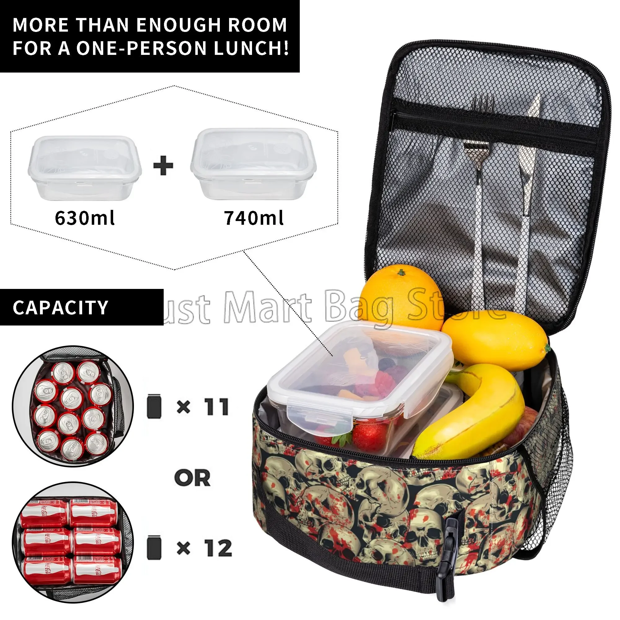 Gothic Skeleton Horror Death Skull Insulated Lunch Bag Reusable Portable Waterproof Thermal Lunch Box for Office Work Picnic