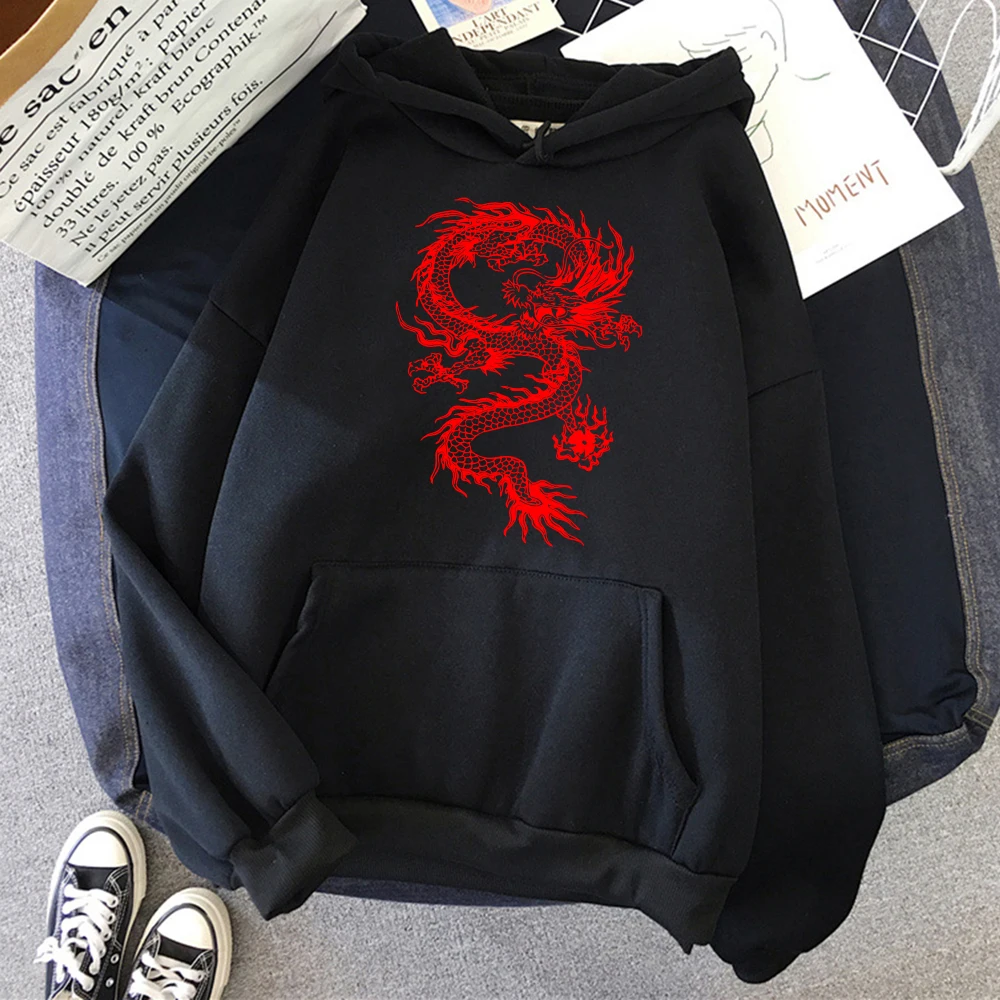 Personality Red Dragon Street Print Women Hoodies Hip Hop Pullover Hoodie New Pocket Loose Hoodies Casual Loose Clothing Female