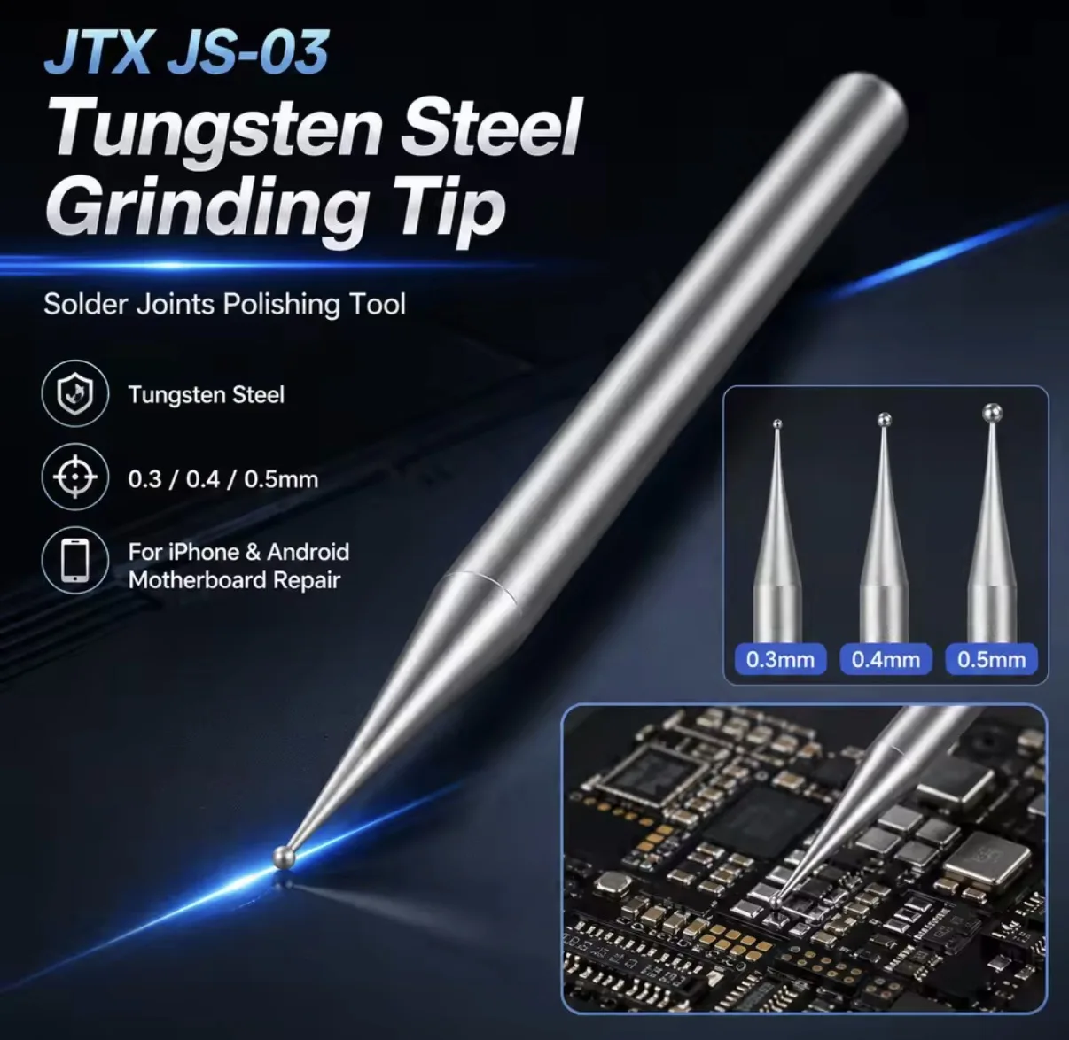 JTX JS-03 Tungsten Steel Grinding Tip Solder Joints Polishing Tool for iPhone Android Motherboard Repair 0.3/0.4/0.5mm