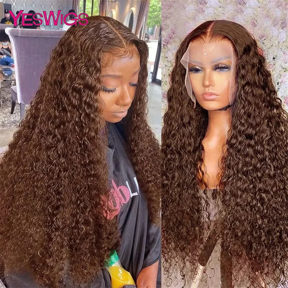 HD 13x6 Chocolate Brown Lace Front Human Hair Wigs Deep Curly Colored 13x4 Transparent Lace Frontal Wig Human Hair Pre Plucked