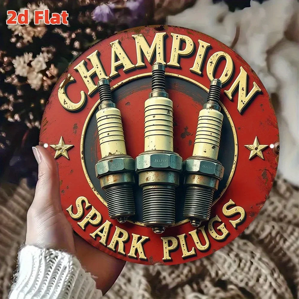 Vintage Champion Spark Plug Logo Metal Wall Art— 19.81cm Round Aluminum Plate, Featuring Red and Gold Racing Design, Automotive Engine