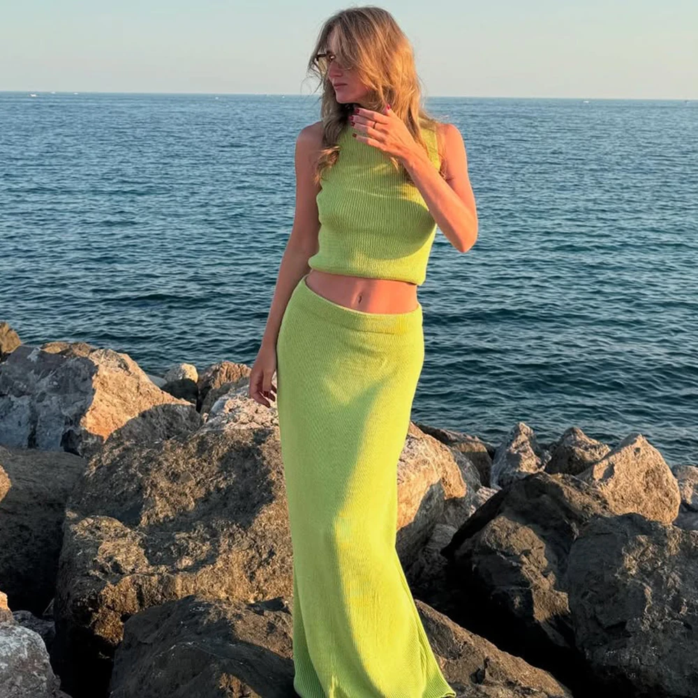 Talenza Women Knitted Long Skirt Set 2025 Elegant Sleeveless High Neck Vest Slim Skirt Set Fashion Summer New Long Dress Sets