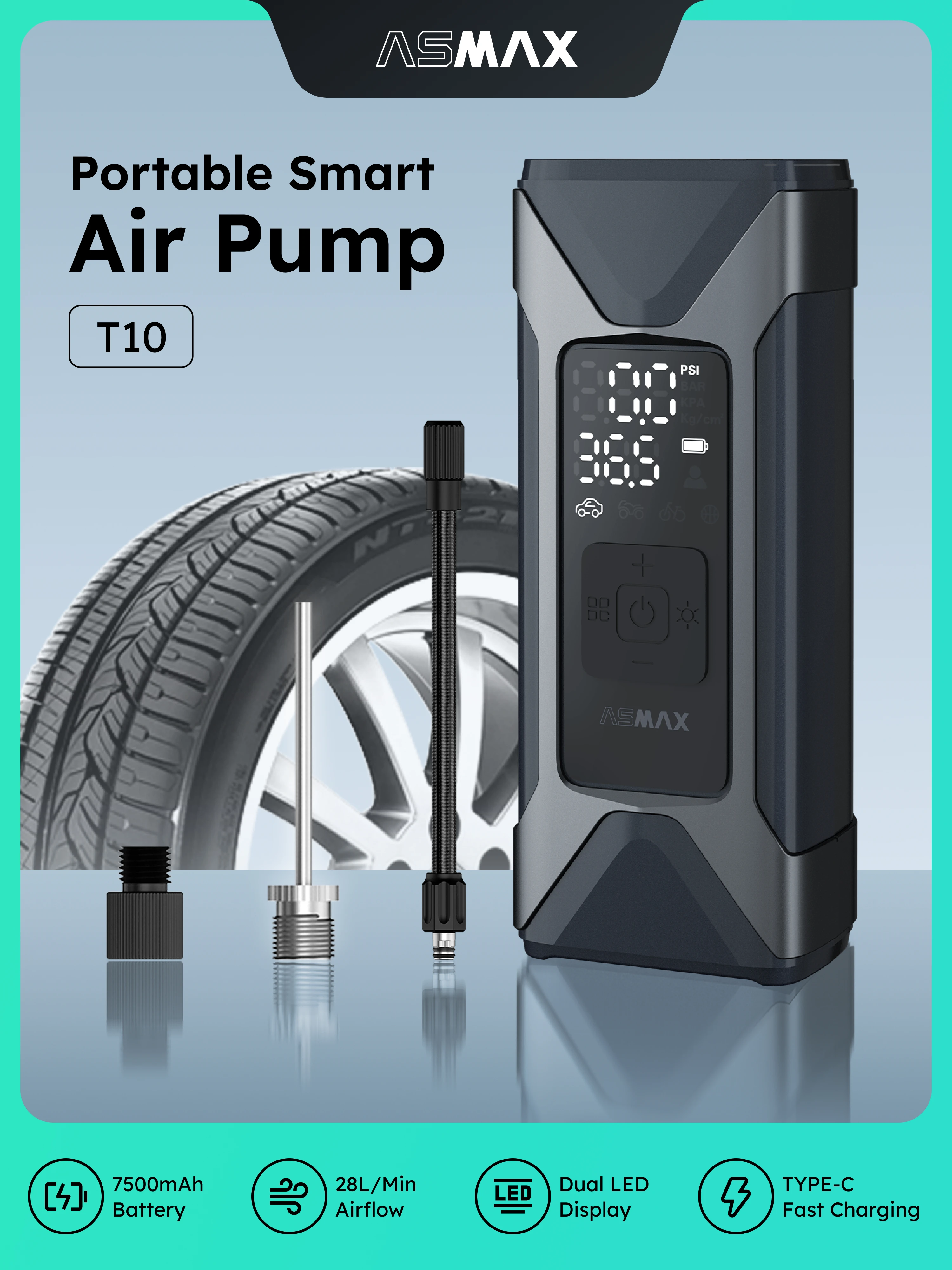 ASMAX T10 160PSI Luftkompressor 7500mAh Tragbarer Auto-Reifenfüller Intelligente Digitale Aufblaspumpe für Auto, Fahrrad, Boot