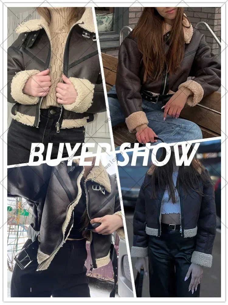 Winter Women Short Jacket with Belt Moto Biker Thick Warm Sheepskin Coat Outwear Streetwear Faux Lamb Leather Fur