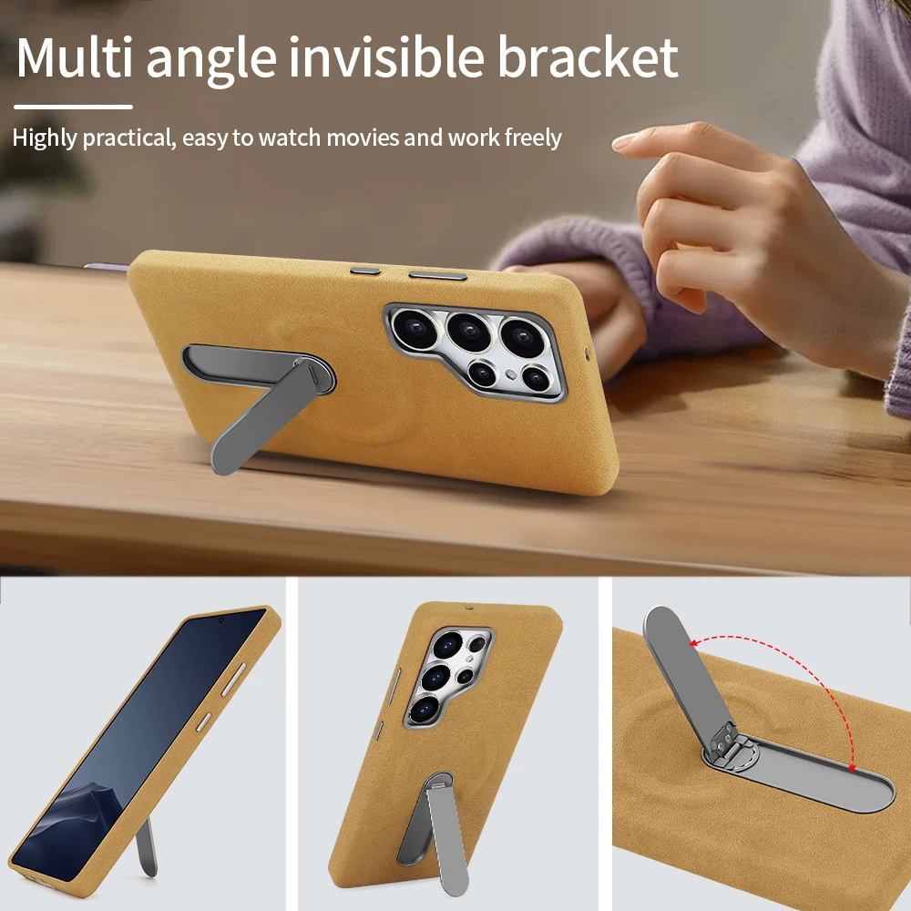 Wear-Resistant Suede Faux Leather Phone Case with 360° Rotatable Stand for Galaxy S25 Ultra/S24 U - Wireless Charging Compatible - view 3