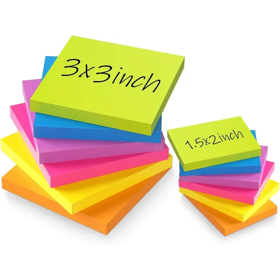 

12 упаковок липких заметок 3x3 + 1,5x2 дюйма, маленькие самоклеящиеся блокноты для школьных принадлежностей и офисных принадлежностей с сильной адгезией и