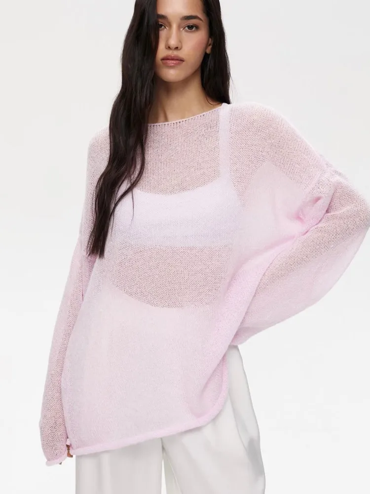 

Nice Elegant Sweater Women 2025 Sping Autumn Loose Knitted Pullovers Chic Pink White Sueter Mujer ;Women's Loose Tops