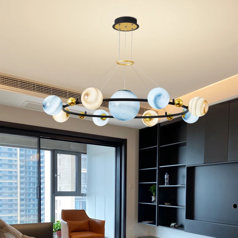 Space Planet Light Chandelier Children's Room Bedroom Blue Boy Girl Room Star Pendant Lamp Modern