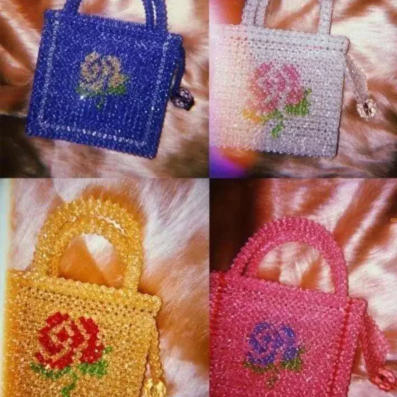 

New Transparent Multicolor Flower Design Handheld Bags Ins Rose Beaded Handwoven Fashion Women's Bag Customized Valentine's Day