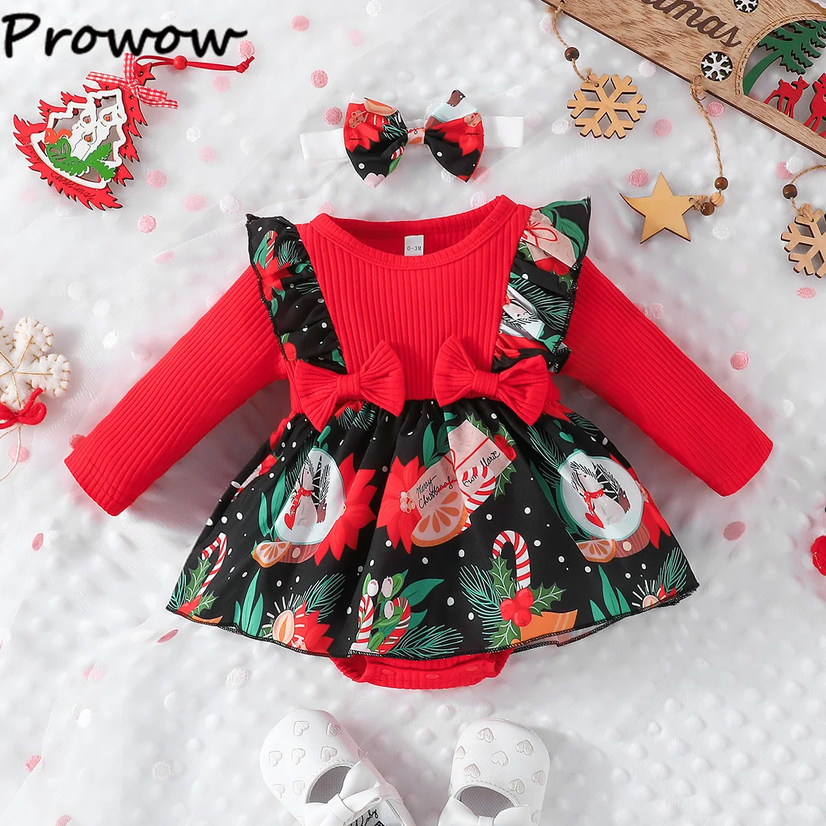 Prowow Baby Girl Christmas Romper Red Xmas Printed Bodysuit Dress For Girls My First New Year Baby Costume 2025 Infants Bodysuit