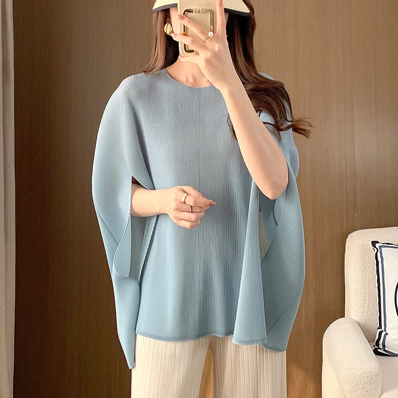 Miyake Pleated Women\'s Loose Bat Sleeve Solid Color Top Fashionable Cape Casual Autumn Women\'s Clothing