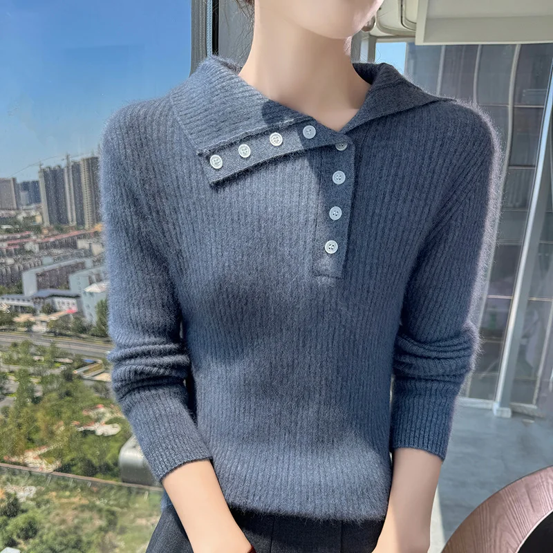 Herbst und Winter 25 neuer gestrickter Damen-Reverspullover aus 100 % Nerzkaschmir, schmale Passform, sexy Damen-Langarmpullover