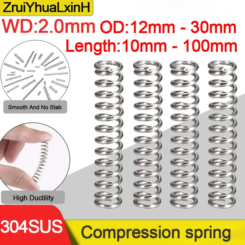 10PCS 2.0mm 304SUS Medical Compression Springs - Corrosion Proof Coils for Endoscope Valves & Dairy Machinery (OD 12-30mm)