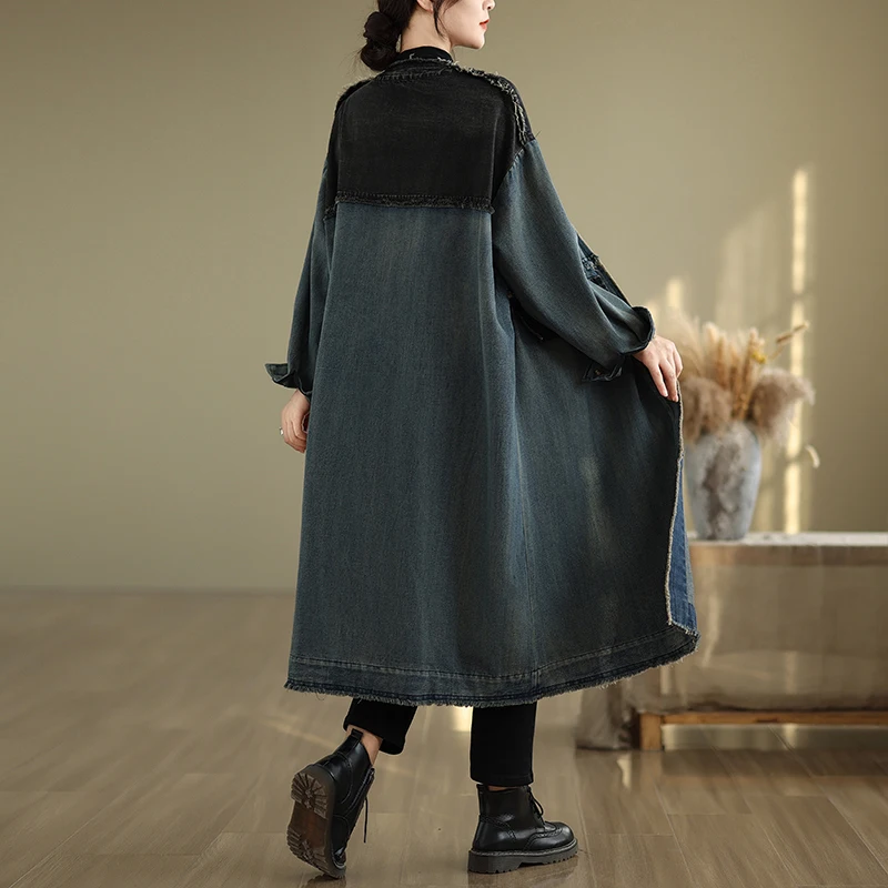 Heavyweight Waed V-Ne Loose Fit plus Size Retro Casual Frayed Long Sve Denim Sle Coat Autumn Wear Korean Sle Women...
