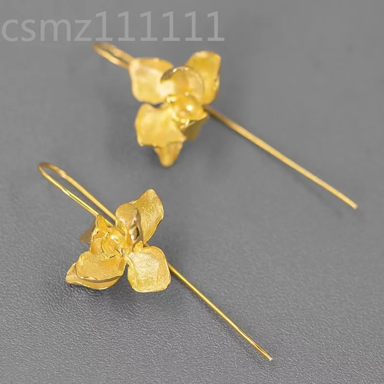 Chinese Style Butterfly and Orchid 925 Sterling Silver Elegant Phalaenopsis Plant Earrings Light Luxury Dinner Earrings