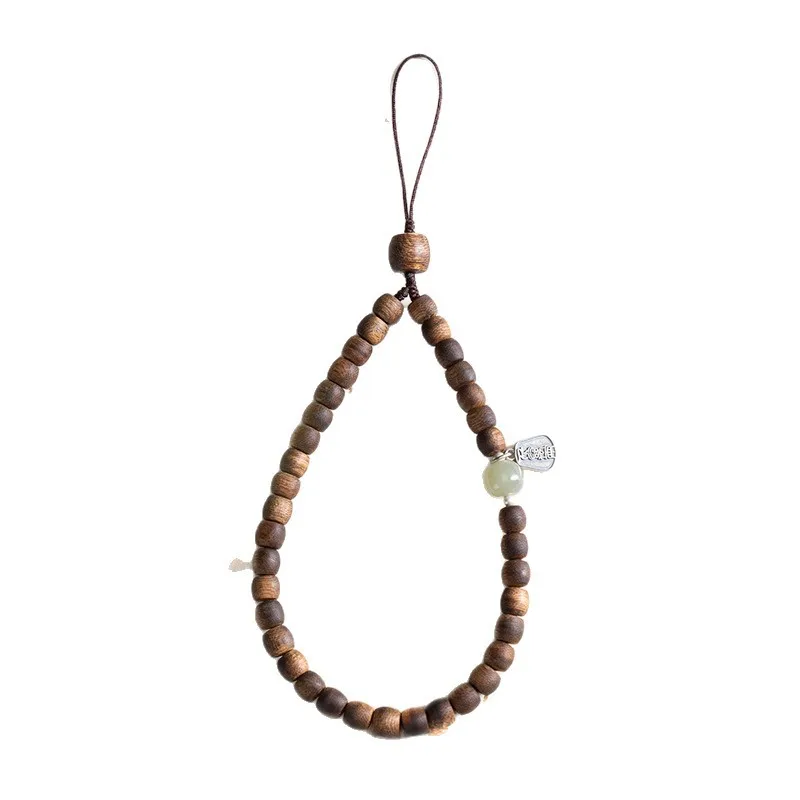 

Natural Agarwood Phone Lanyard for Women Chinese Style Wrist Phone Chain with Hetian Jade Beads Prayer Lucky Jewelry Gifts