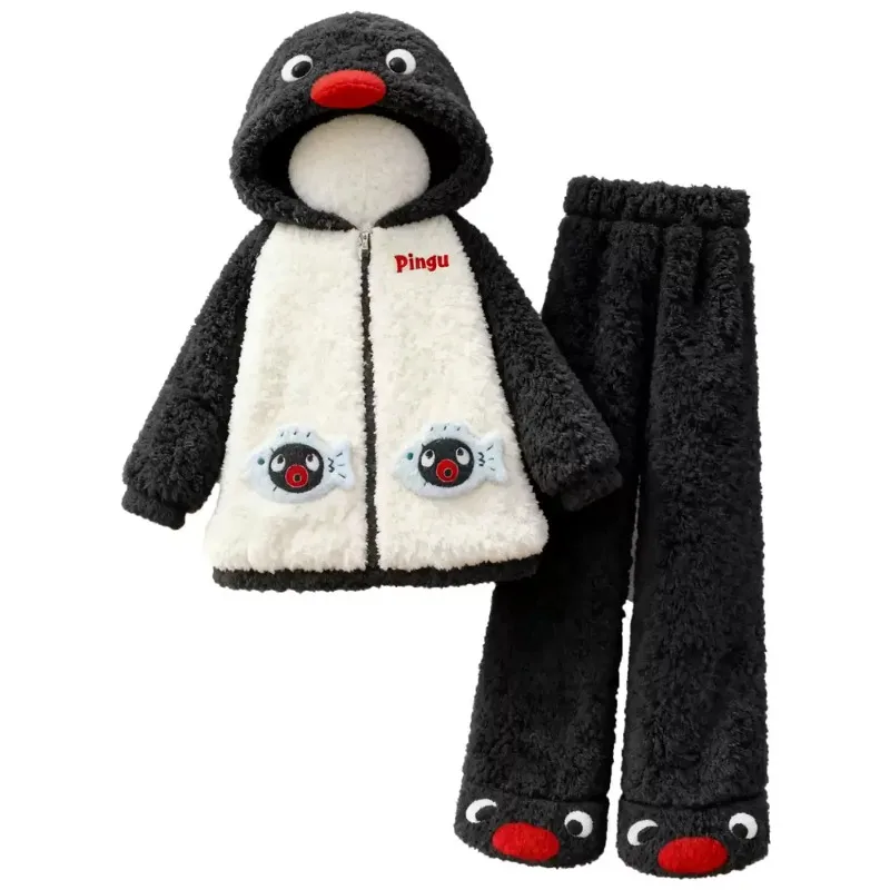 Cute Penguin Hooded Robe for Women,Autumn Winter Thick Coral Fleece Pajama Set, Wearable Cartoon Animal Warm Loungewear Homewear