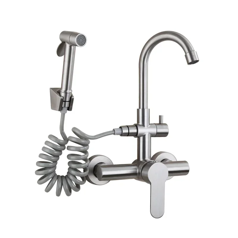 Kitchen Faucet Stainless Steel Double Hole Hot and Cold Mixing Tap Wall Mount Balcony Laundry Swivel Tap With Spray Gun 주방수전