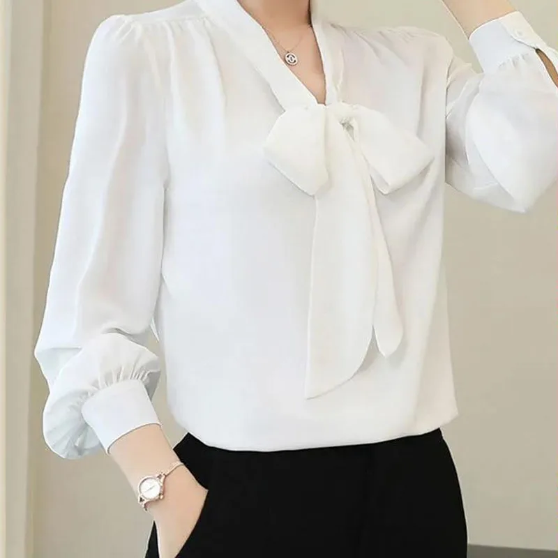 Spring Summer Middle Age Bow Collar Lantern Sleeve Office Lady Shirt Four Colors Single Breasted Chiffon Temperament Plus Size