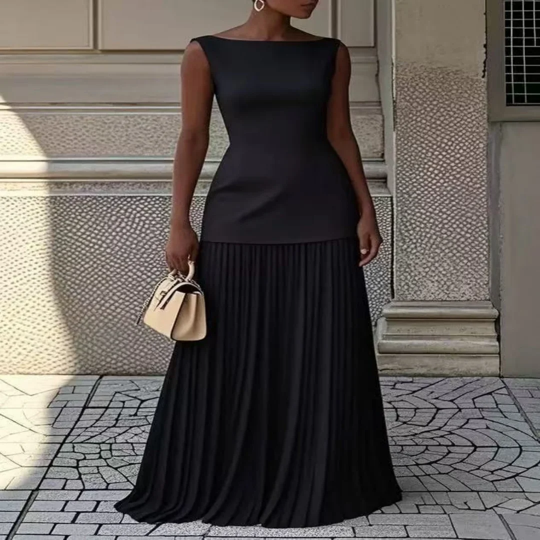 Women Elegant Solid Splice Pleated Skirts Set Sexy Slash Neck Sleeveless Tank Boho Dress Summer Hollow Slim Maxi Skirts   3.5