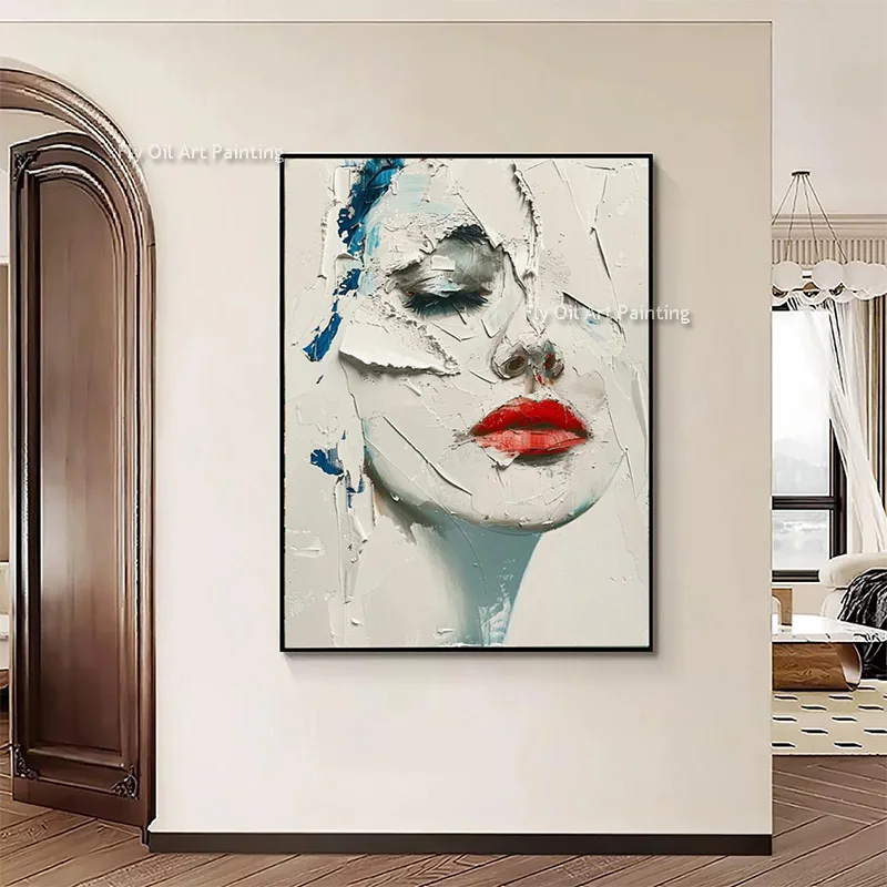 Large Handpainted White Blue Knife Thick Girl Canvas Oil Painting Beautiful Green Beige Women Wall Art Decor For Bedroom