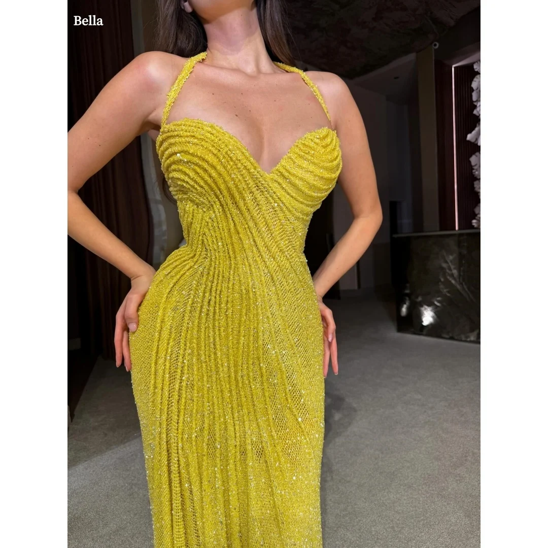 

Bella Customized Yerllow Strapless Halter Neck robes de soirée Mermaid Party Dresses Backless Floor-Length Beading Prom Dress