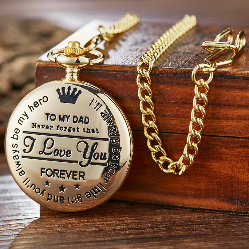 

To My Dad I Love You Quartz Pocket Watch Men Gold Necklace Text Engraved Pendant Fob Chain Clock for Father's Day Birthday Gifts