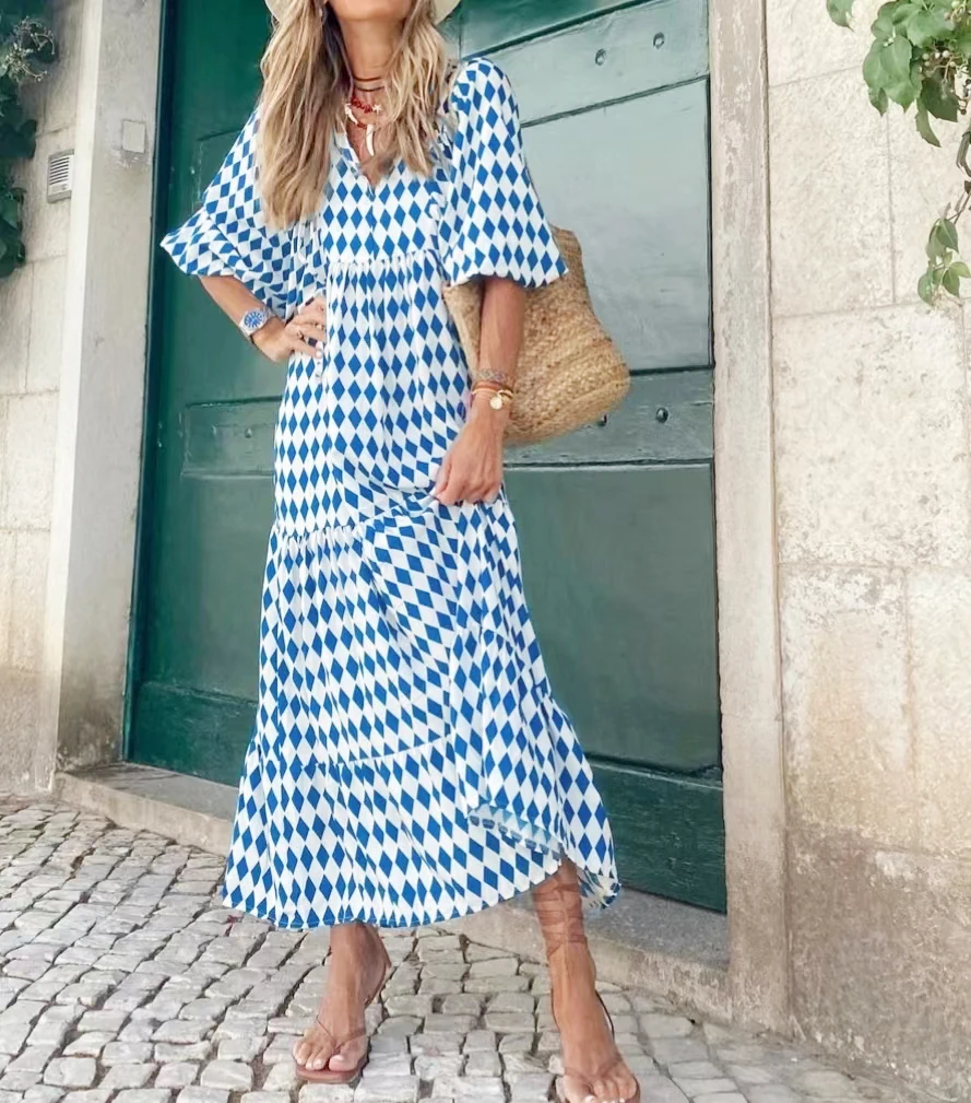 Vestido longo com manga puff para as mulheres, estilo boho, v pescoço, solto, casual, para férias, praia, festa, verão