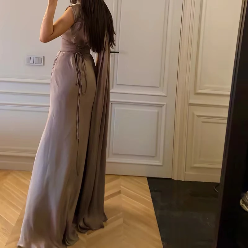 Women Fashion Cross Pleat Fluttering Long Dress Casual Sleeveless Lace-Up Party Dress Elegant Irregular Neck Satin Evening Dress