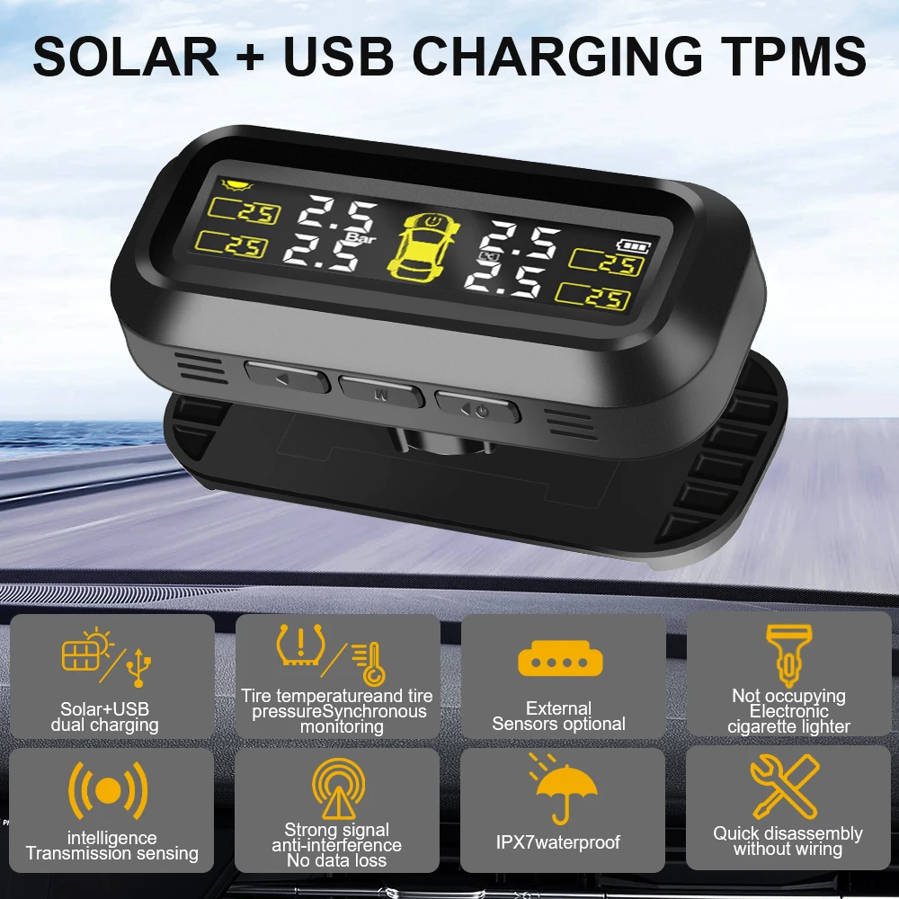 Sensores TPMS para coche, sistema de supervisión de presión de neumáticos, diagnóstico de ordenador a bordo, Solar/USB t