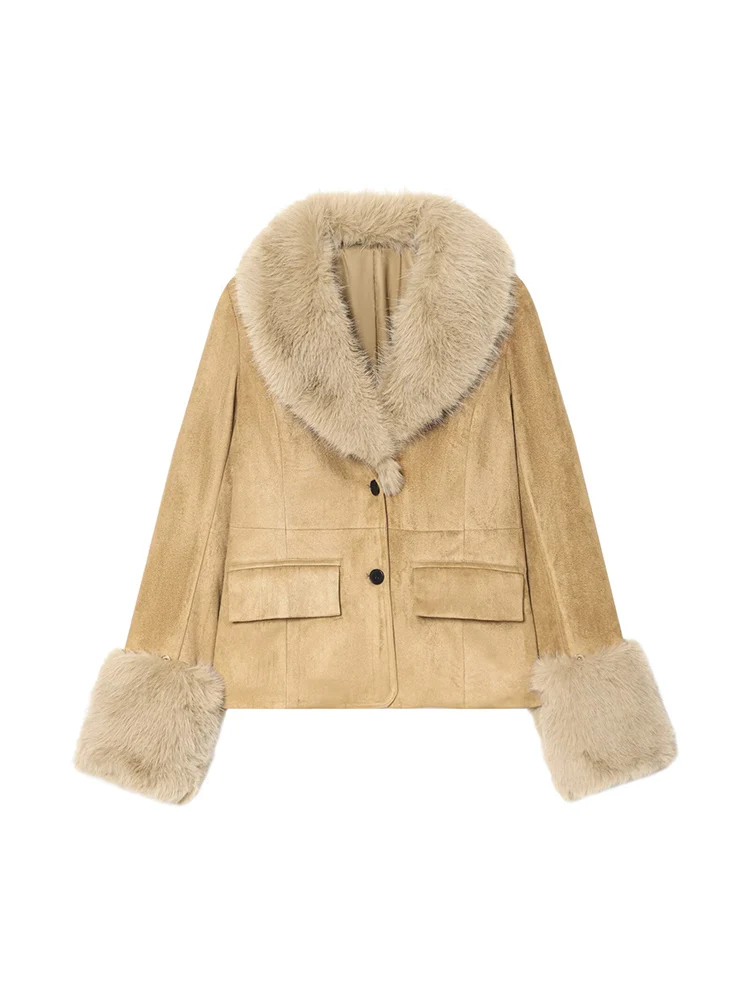 

European-style new women's fashionable and versatile elegant lapel slim-fit faux fur suede leather suit jacket