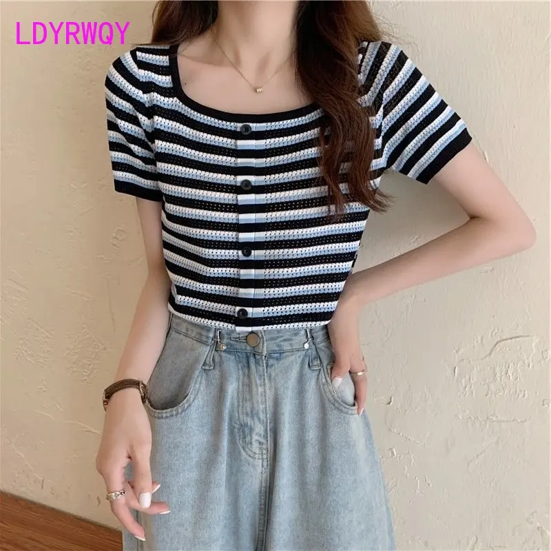 

Square neck striped knitted short sleeve T-shirt women's summer 2023 new high waist cropped top