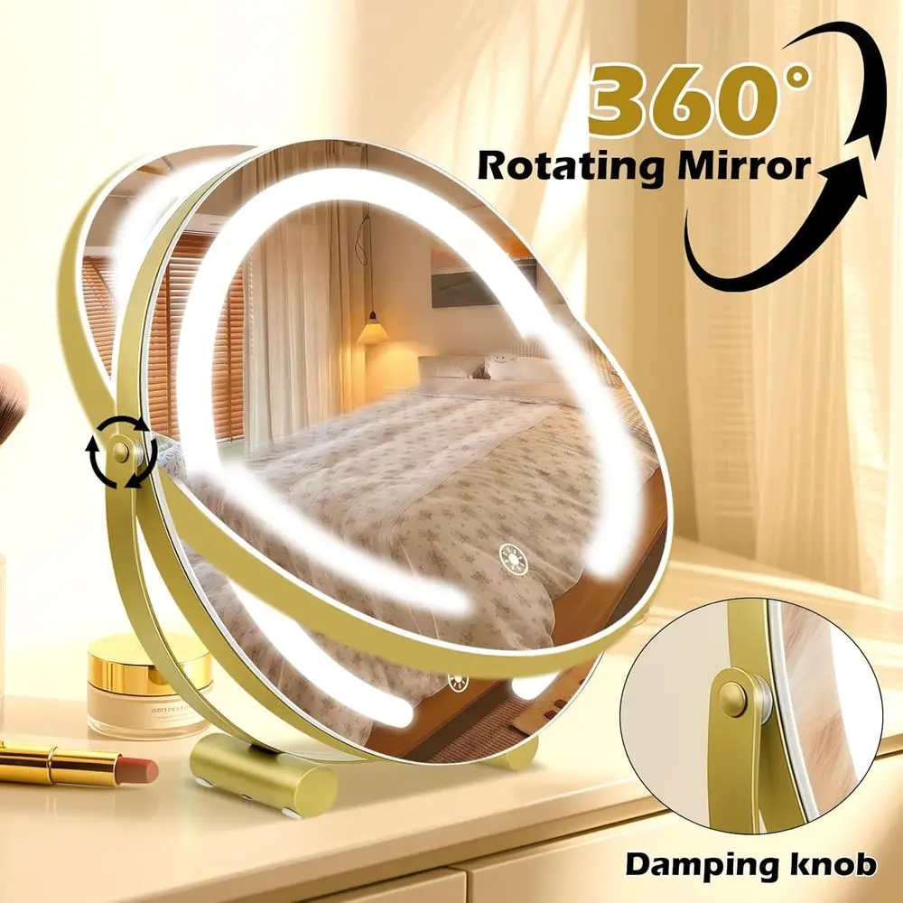مرآة زينة LED عالية الدقة 12 مع إضاءة ذكية تعمل باللمس بثلاثة ألوان، قابلة للتعتيم، 360 درجة ° دوران للمكياج وغرفة النوم (ذهبي) #6