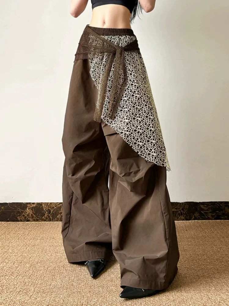 Frauen Y2K Vintage Chic Stil High Street Spitze Gespleißt Baggy Breite Bein Hosen Japanische 2000er Jahre Hajaruku Mode Cargo Hosen