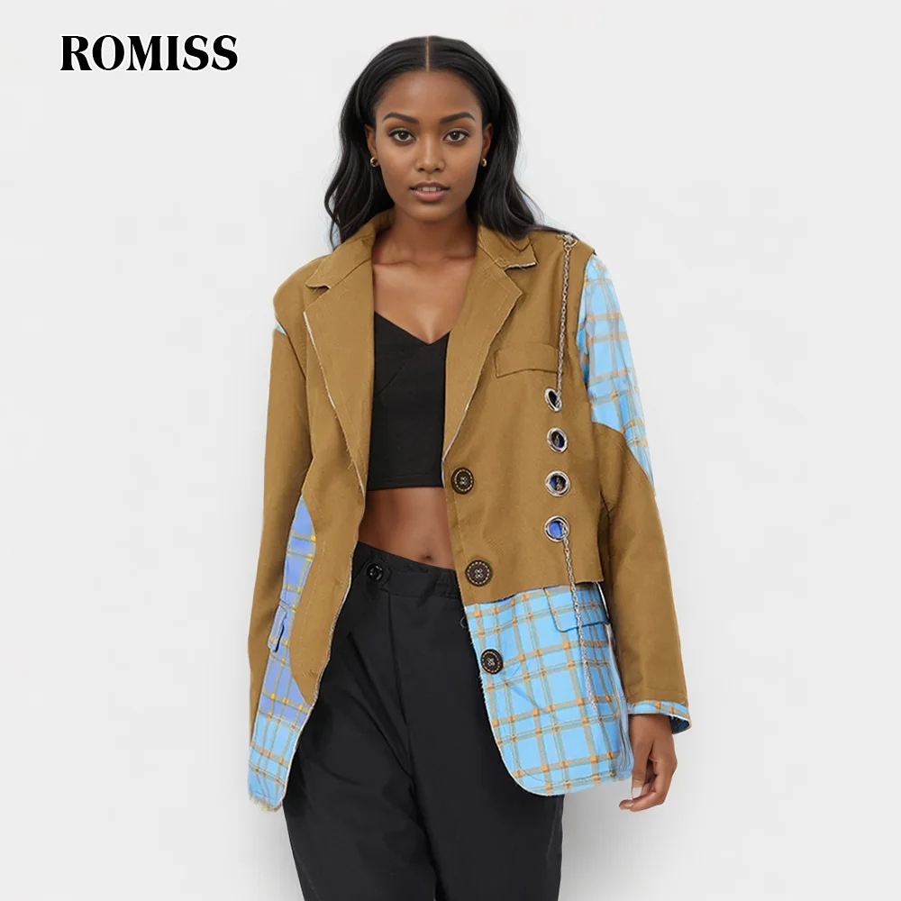 

ROMISS Colorblock Plaid Chic Blazers Female Notched Collar Long Sleeve Vintage Fashion Coats Female Clothing 2024 Autumn New