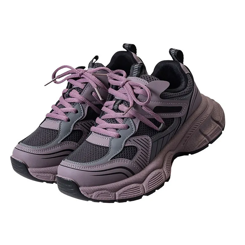 Women's Purple Mesh Chunky Sneakers 4cm Height Increase Casual Dad Shoes Lightweight Platform Sole All Season Ready Stock image 5