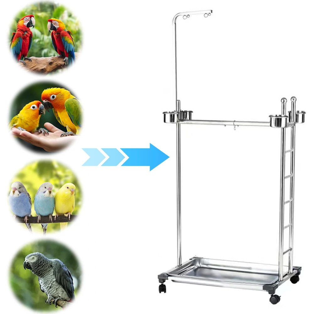 

Parrot Play Stand with Feeding Bowls Large Bird Playstand with Wheels Parrot Training Perch Stand Stainless Steel Bird Supplies