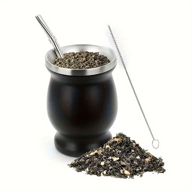 1Set Double-Wall Stainless Tea Set Water Mate Tea Cup 8 Ounces Stainless Steel with Spoon Straw Cleaning Brush Gourd Cup