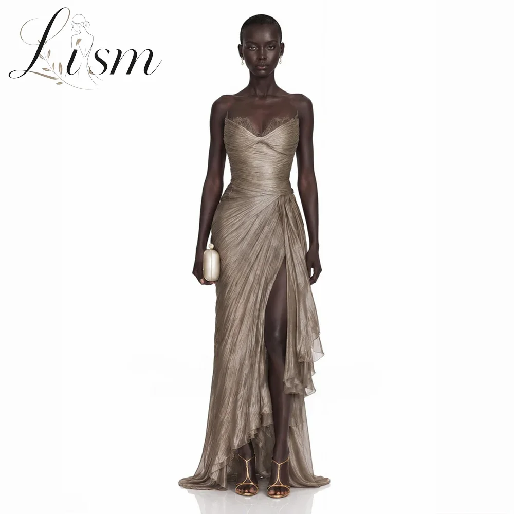 Lism Modern Pleat V-Neck Evening Gown Dress Sleeveless Side High Slit Prom Gown Customized Back Tie Party Dress 2026 Customized