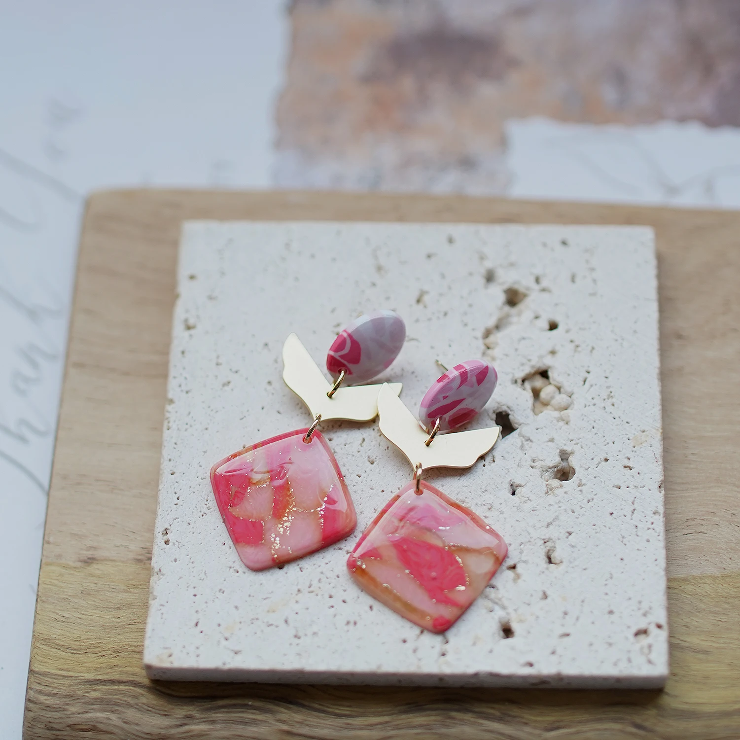 Spring Summer Women\'s Fashion Trendy Marble Enamel Square Dangle Earrings Handmade Polymer Clay with Brass Metal for Accessories